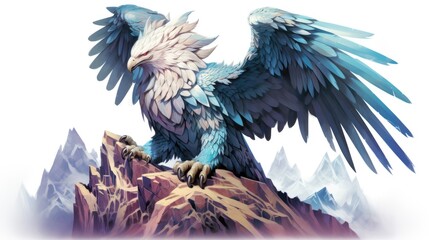 Crystalized gryphon watercolor illustration - Generative AI. Blue, white, gryphon, crystalized, wings.