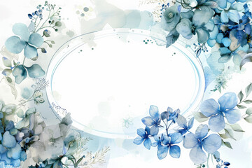 Elegant Watercolor Floral Design with Blue Blooms and Greenery on a White Background with copy space