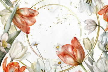 Elegant Floral Pattern with Tulips, Daisies, and Golden Accents on a White Background with copy space