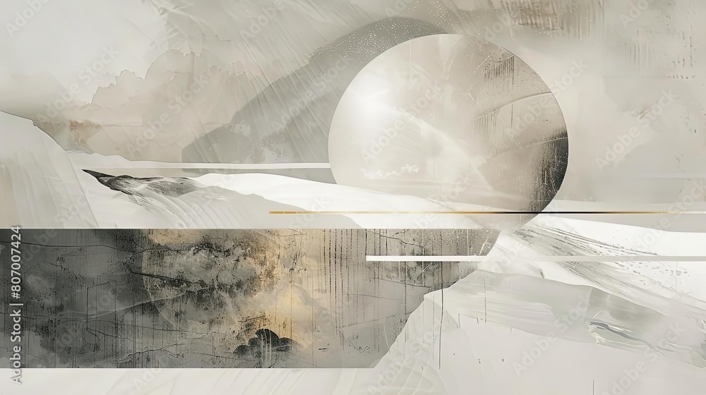Poster clean and modern abstract composition with ethereal elements featuring a white egg and a small black