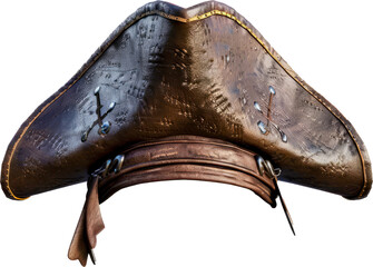Naklejka premium Brown leather pirate hat with skull and crossbones emblem cut out on transparent background