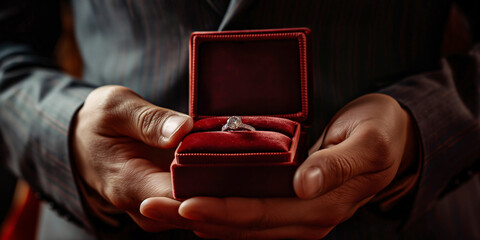Close-up of Hands Holding a Velvet Box with an Engagement Ring Inside.