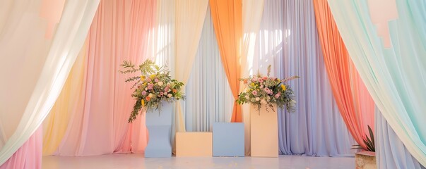 Create an image of a modern wedding backdrop featuring geometric shapes and soft pastel draperies. bright colors, photo