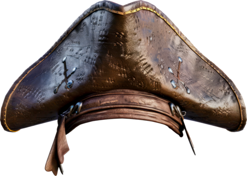 Brown leather pirate hat with skull and crossbones emblem cut out on transparent background