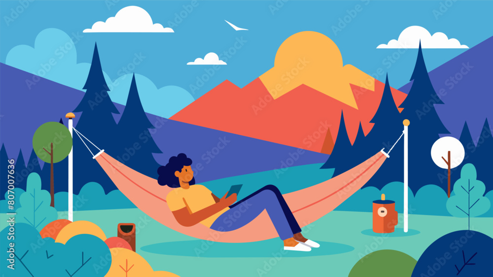 Aufkleber a person relaxing on a hammock unperturbed by the chaos of a bustling campground.. vector illustrati