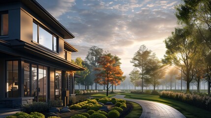 Artistic rendering of a Modern Suburban Craftsman with morning light over pathway.