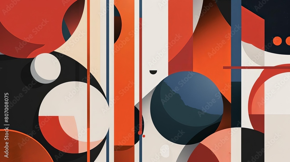 Poster clean and modern abstract composition with intergalactic shapes, featuring a white circle, a red circle, and a green circle arranged in a diagonal pattern