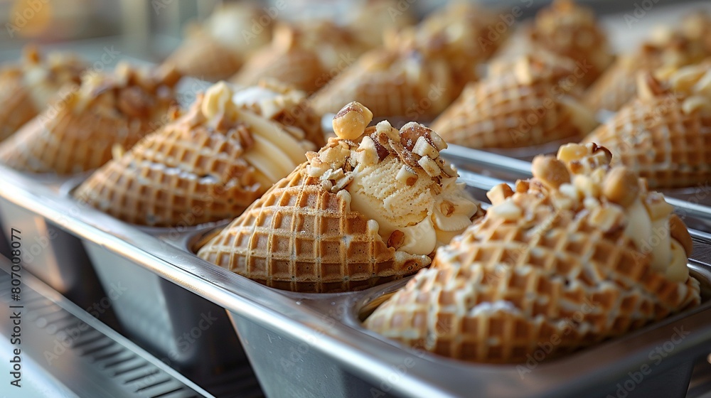 Poster a photo capturing a close-up view of a tray filled with delicious waffles topped with icing and nuts
