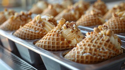   A photo capturing a close-up view of a tray filled with delicious waffles topped with icing and nuts