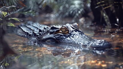 Fototapeta premium A crocodile is swimming in a pond