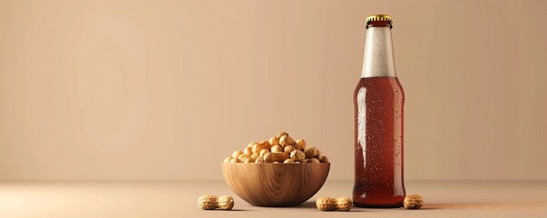 Illustrate an icecold beer bottle with condensation, next to a bowl of peanuts, against a minimalist beige background. Realistic HD characters