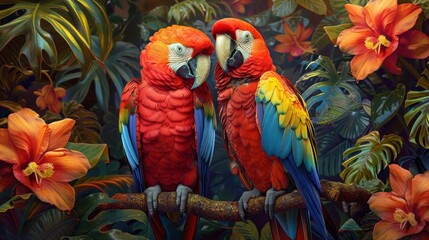 Obraz premium Two parrots are perched on a branch in a lush green forest