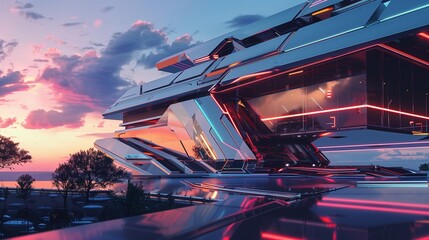 Futuristic home with metallic surfaces and sharp angles, neon lighting under twilight.