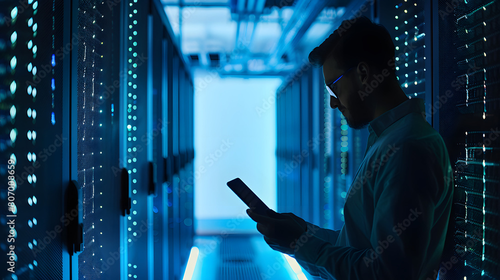 Poster network engineer it technician monitoring data in futuristic server room holding smart phone digital