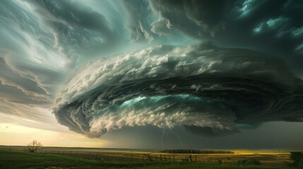 A large storm cloud is looming over a field