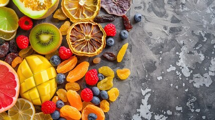 Beautiful mixture of dried fruits on a light stone background. Food advertising. Banner, menu.