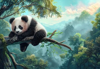 Panda baby sitting on a tree