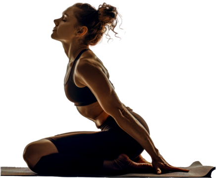 Woman meditating in yoga pose with peaceful expression cut out on transparent background