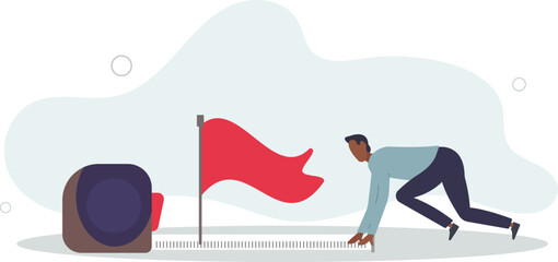 smart businessman using measuring tape to measure and analyze distance from target flag.flat vector illustration.