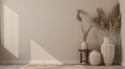 Minimalist interior design composition in beige tones. Interior design room composition with window natural light