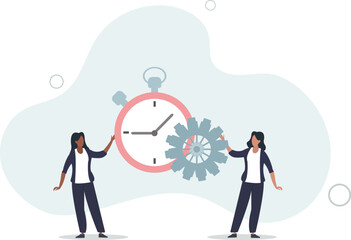 businesswoman combine clock timer and gear cogwheel for best efficiency.flat vector illustration.