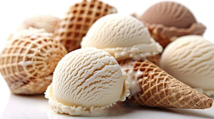   Ice cream cones stacked on a white table with adjacent piles