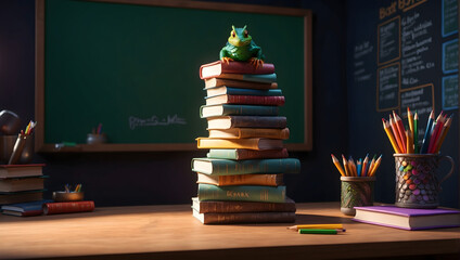 A stack of books and pencils neatly arranged on a table, set against the backdrop of a blackboard.