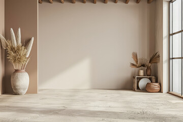 Minimalist interior design composition in beige tones. Interior design room composition with window...