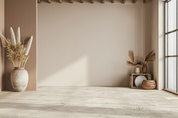 Minimalist interior design composition in beige tones. Interior design room composition with window natural light