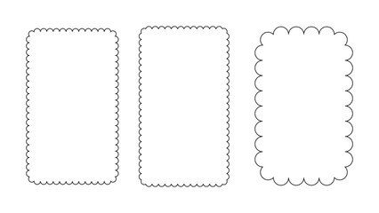 Scallop frame border. Rectangle frill lace edge ornament. Round retro wave doodle framework design. Vertical rectangular squiggle and wiggly groovy curve tag. Simple funky curly outline label box