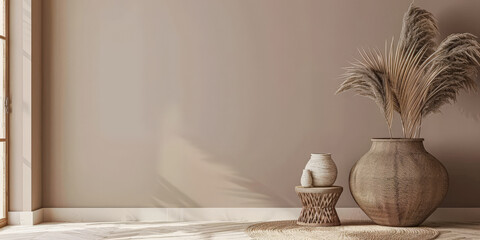 Minimalist interior design composition in beige tones. Interior design room composition with window natural light