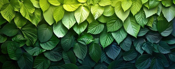 Green leaves of various shades, arranged in a gradient pattern, create a lush, textured background.