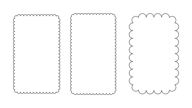 Scallop frame border. Rectangle frill lace edge ornament. Round retro wave doodle framework design. Vertical rectangular squiggle and wiggly groovy curve tag. Simple funky curly outline label box