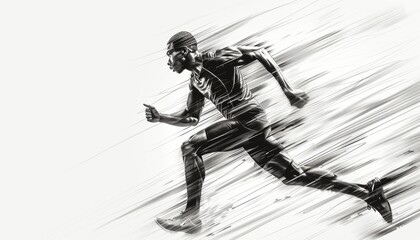 Running athlete. Energetic young athlete or marathon runner. Sport. Imitation sketch print in black and white coloring