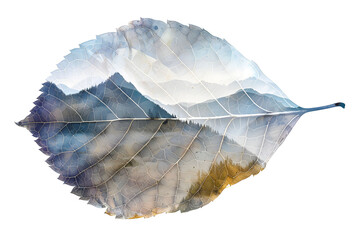 Leaf isolated in a double exposure style collage style with a beautiful mountain and forest on white background.
Realistic mountain and forest scene transformed inside the leaf on white bg.