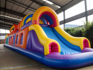 Inflatable colorful bounce house water slide in the backyard. Playground for children.