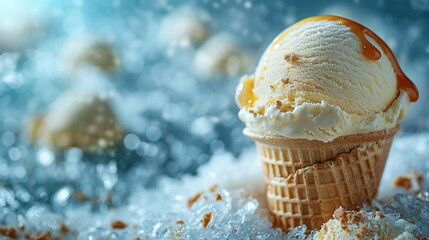   An image of a scoop of ice cream with a drizzle of caramel on a cone, placed on a table - Powered by Adobe