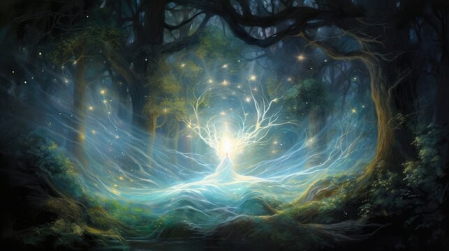 Whispering wisp enchantress watercolor illustration - Generative AI. Girl, enchantress, woods, glowing, light.