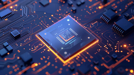 High tech electronic circuit board vector technology background concept. Close up of a abstract motherboard. Electronic PCB (Printed circuit board) with processor and microchips. 3d illustration