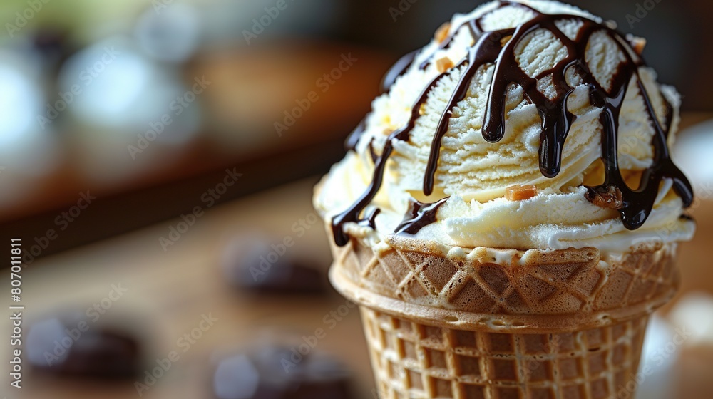 Poster a scoop of ice cream topped with chocolate drizzle and another scoop of ice cream topped with chocol