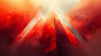Low angle of skyscrapers in red tones, post apocalyptic scene 