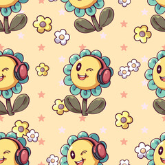 Seamless pattern of Groovy smiley face flower cartoon. Positive retro flower wearing headphones. Pattern for fabric and wrapping paper, Pattern for design wallpaper and fashion prints.
