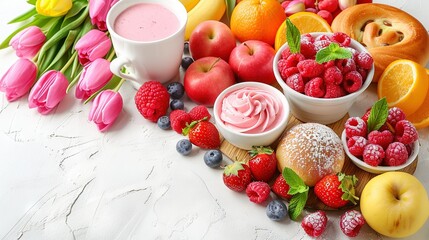   A white table with bowls of fruit and a coffee cup next to a pile of doughnuts