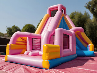 Inflatable colorful bounce house water slide in the backyard. Playground for children.