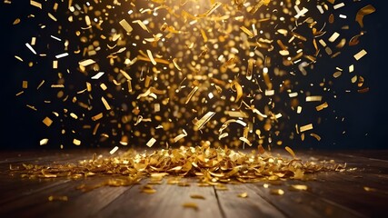 golden confetti shower cascading onto a festive stage, illuminated by a central light beam, mockup for events such as award ceremonies, jubilees, New Year's parties function preparation,background
