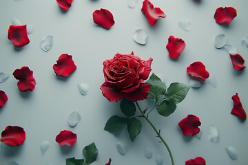 Capture a minimalist design of a single red rose, its petals delicately unfolding like a love story Utilize an unexpected top-down angle to enhance the narrative
