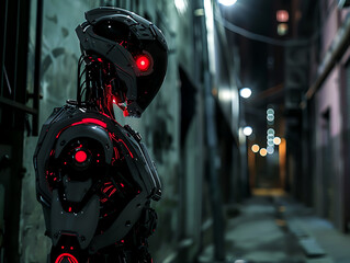 Fototapeta premium Capture a side view of a futuristic robot with menacing red LED eyes in a dark