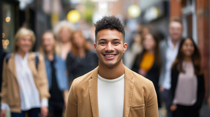 Close up portrait of young asian man standing in the middle surrounded by a crowd of people on the street or school. Portrait of happy Student or businessman
