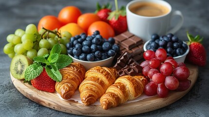   A platter of fruit, chocolate, and croissants with a cup of coffee in the background is an image optimization with 21 tokens