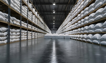 A warehouse packed with white jumbo bags filled with chemical fertilizers . Bulk Chemical Fertilizer Storage - obrazy, fototapety, plakaty